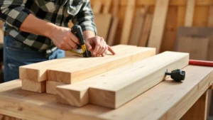 A carpenter measuring and marking wooden studs on a workbench in bright natural light, showing precise measurements with a tape measure and carpenter's square on pressure-treated lumber
