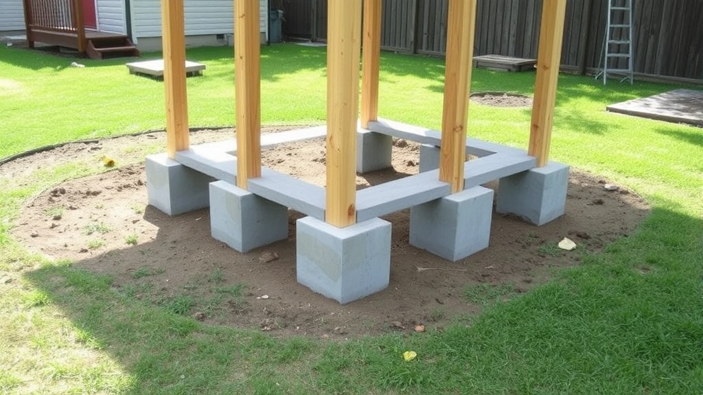 A completed shed foundation showing concrete piers evenly spaced with pressure-treated posts set on top, demonstrating proper foundation installation in a residential backyard setting