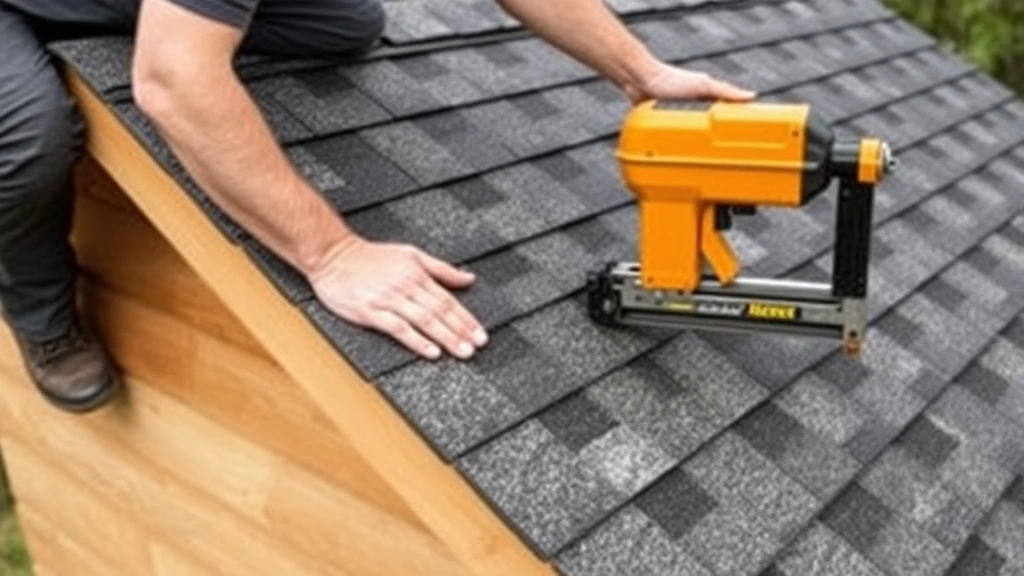 A person installing asphalt roofing shingles on a shed roof, showing proper overlapping technique and nail placement with a nail gun, demonstrating professional roofing installation method
