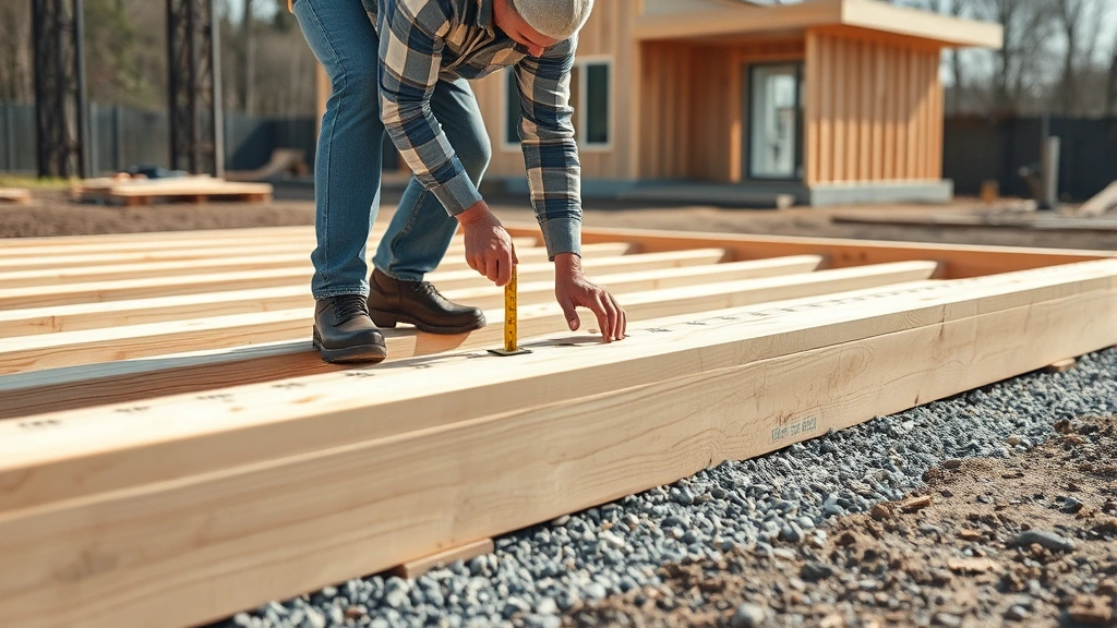 Professional carpenter measuring and marking pressure-treated lumber for foundation construction on a clear outdoor building site with gravel base visible