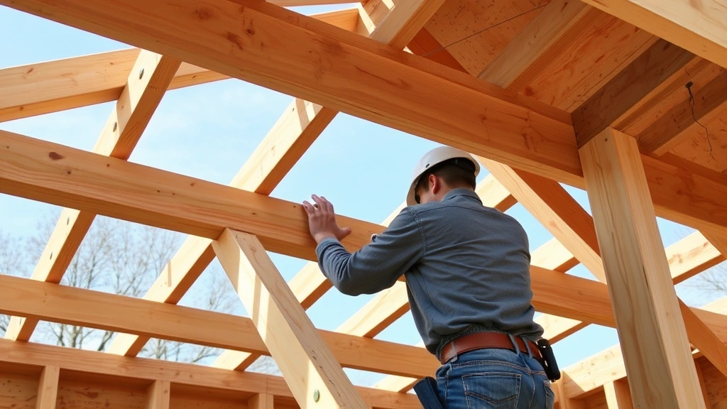 Worker installing roof rafters on wooden shed frame structure showing proper angle cuts and rafter connections with collar ties visible