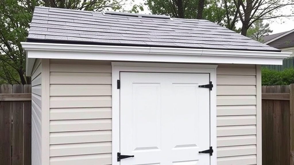 Completed shed exterior showing installed siding, asphalt shingle roof, gutters, and properly flashed door frame with fresh paint finish