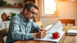 Homeowner studying construction blueprint and notes at wooden kitchen table with coffee, warm natural lighting, focused expression showing active learning engagement