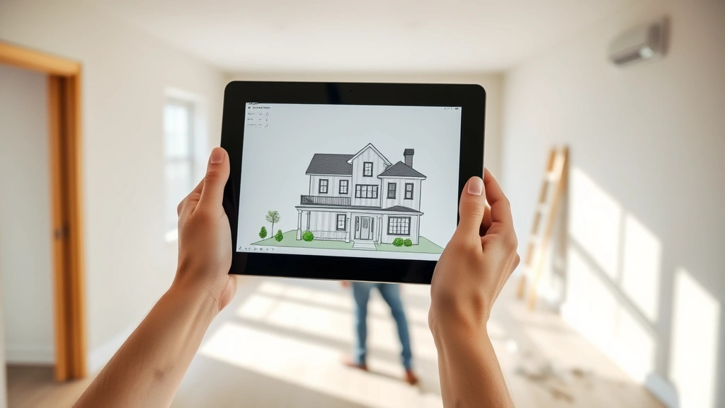 Hands holding tablet displaying home renovation design while standing in empty room being renovated, daylight from windows, demonstrating project planning and visualization