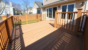 Wide-angle photograph of completed pressure-treated wooden deck attached to suburban house with composite railing, deck boards visible, afternoon sunlight casting shadows, no people or text visible