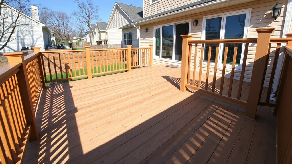 Wide-angle photograph of completed pressure-treated wooden deck attached to suburban house with composite railing, deck boards visible, afternoon sunlight casting shadows, no people or text visible