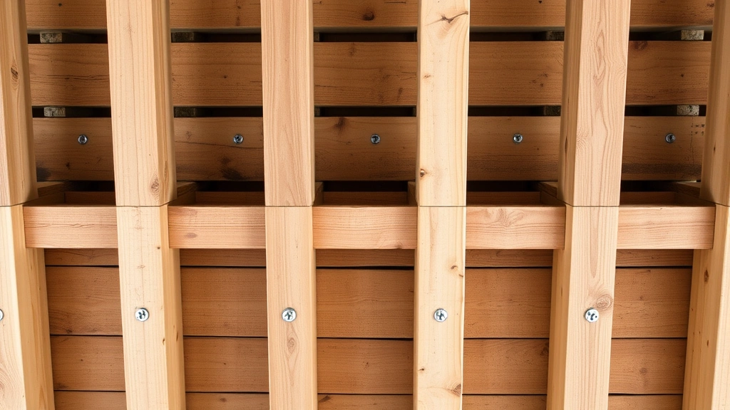 Close-up overhead view of deck framing showing pressure-treated joists spaced evenly, rim board connection, galvanized fasteners visible, construction in progress stage