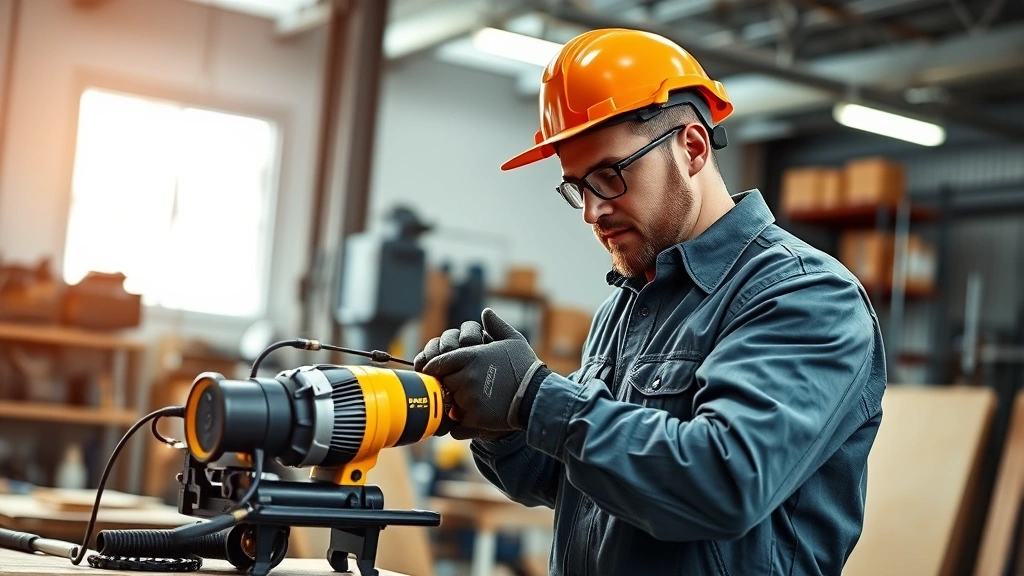Professional construction worker demonstrating advanced power tools and equipment in a modern workshop setting with dramatic lighting, showcasing precision craftsmanship and technical expertise