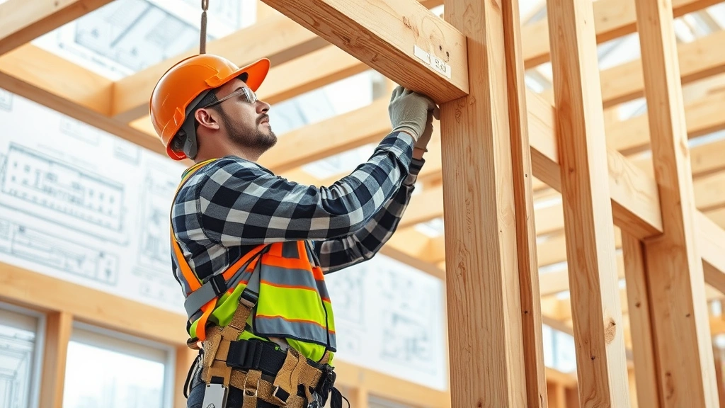 Expert tradesperson performing advanced structural work on a building frame, displaying professional safety equipment and demonstrating high-level construction knowledge with architectural blueprints visible in background