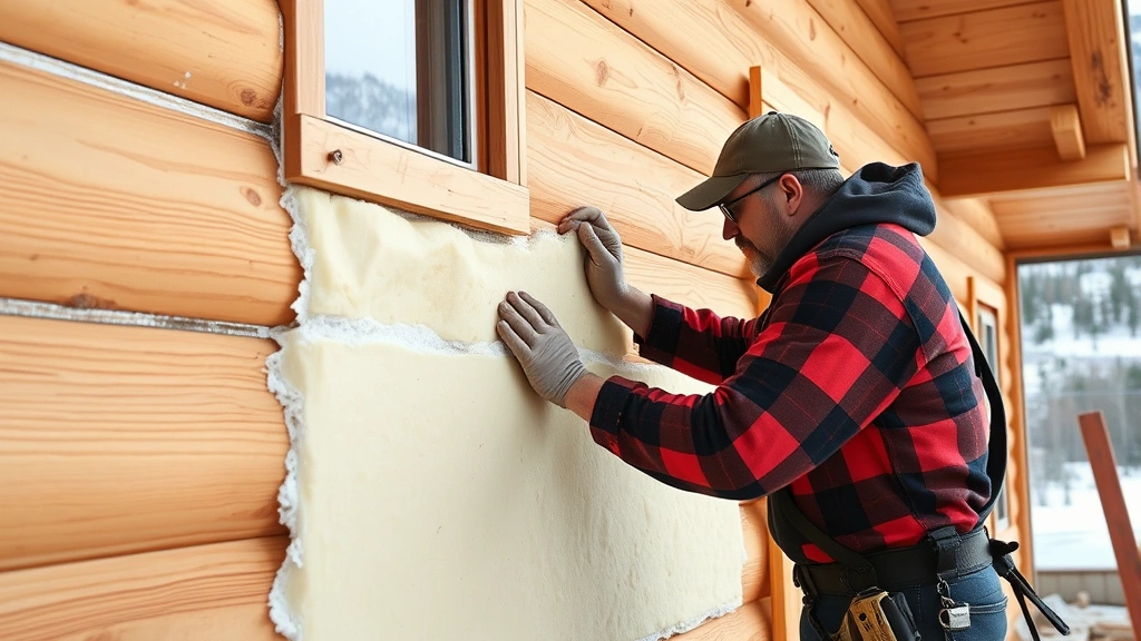Experienced carpenter installing rigid foam insulation on exterior wall of wooden cabin in Alaska during spring season, showing proper vapor barriers and cold-climate construction techniques, snow-capped mountains visible in background