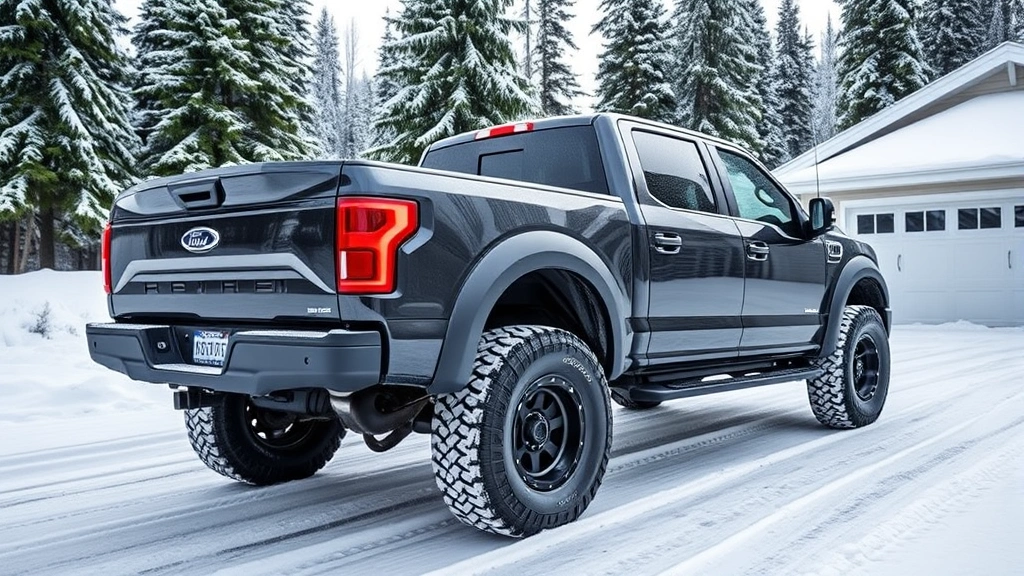 Rugged pickup truck with winter tires and engine block heater installed, parked in snowy Alaskan driveway with tall evergreen trees, showing proper vehicle preparation for extreme cold weather conditions