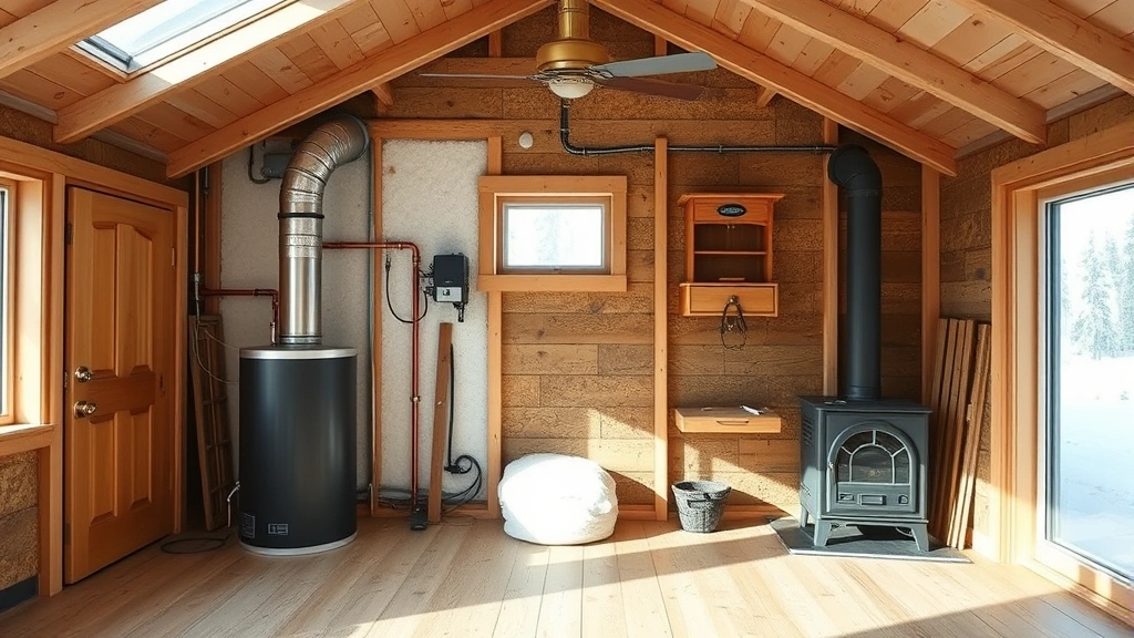 Interior view of modern Alaskan home showing oil heating system, heavy-duty insulation visible in walls, backup wood stove, and winterization preparations for extreme temperatures and permafrost regions