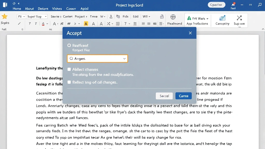 Wide view of Word dialog box displaying accept and reject changes options with multiple tracked modifications visible in document context below