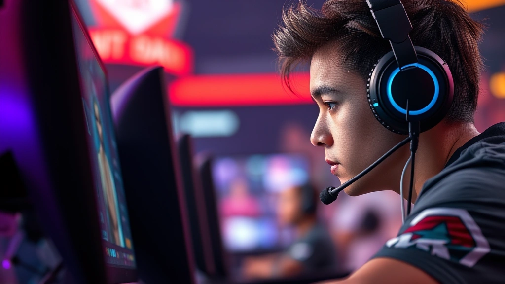 Professional esports player wearing headset concentrating intensely on gaming screen during competitive NBA 2K25 match, RGB lighting visible