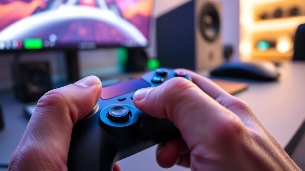 Close-up of gaming controller with finger positioned on buttons during high-stakes competitive gaming moment, modern gaming setup background