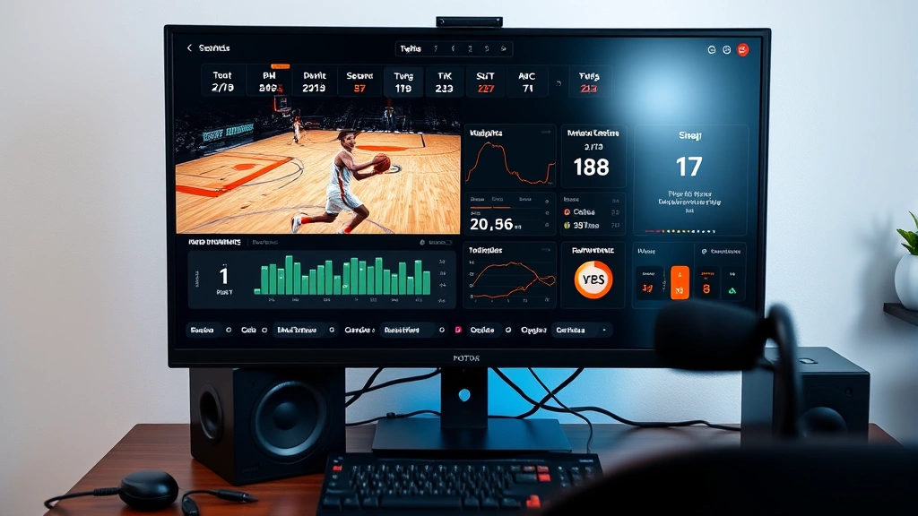 Split-screen showing basketball player statistics and performance metrics on monitor with gaming peripherals and professional setup