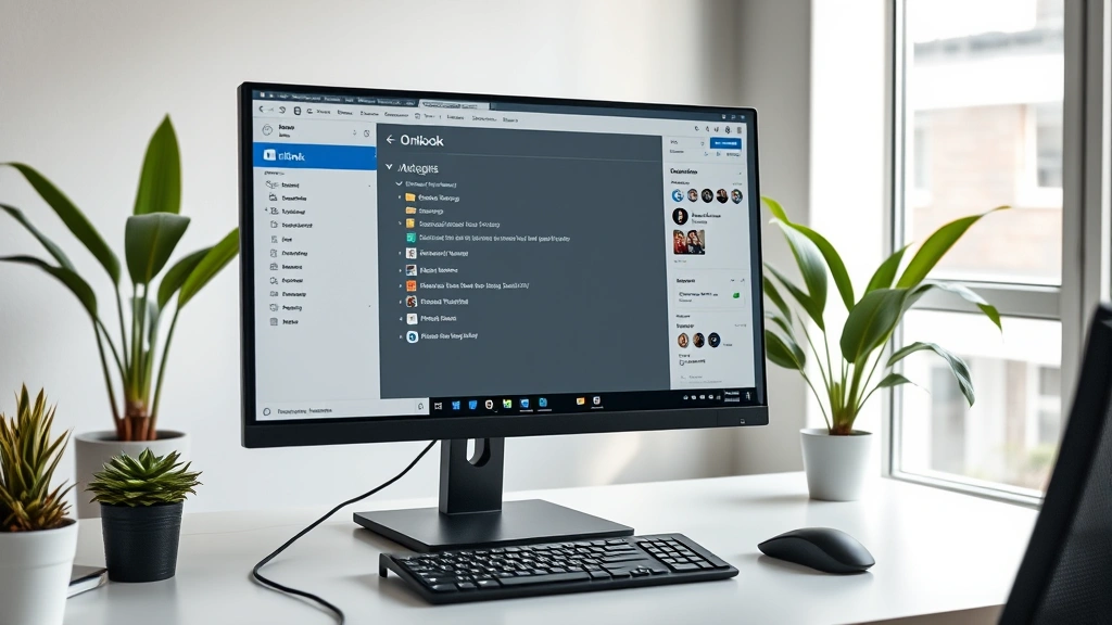 Professional workspace with computer monitor displaying Outlook inbox interface, organized folder structure visible in left sidebar, modern office desk setup with keyboard and mouse, natural lighting from window, contemporary office environment with plants and minimal clutter