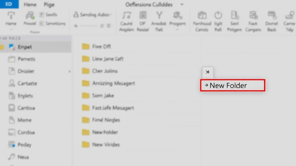 Close-up view of Outlook folder pane showing hierarchical folder structure with parent and child folders clearly visible, right-click context menu open showing 'New Folder' option, professional email organization system, light gray interface background, clear typography and menu options