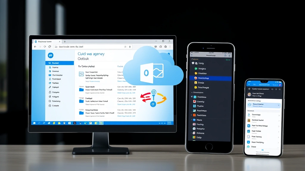 Split-screen comparison showing Outlook Web Access interface on one side and mobile Outlook app on other side, both displaying folder management screens, synchronization concept visualization, cloud-based email management, modern digital workspace with multiple devices