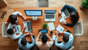 Overhead view of a team of professionals collaborating around a wooden table with laptops and notebooks, discussing social media strategy with visible Facebook interface on screens