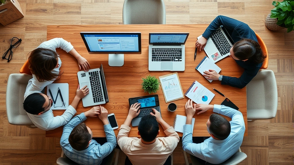 Overhead view of a team of professionals collaborating around a wooden table with laptops and notebooks, discussing social media strategy with visible Facebook interface on screens
