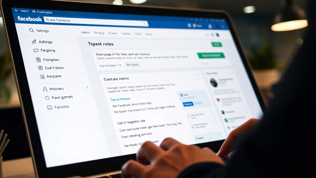 Close-up of hands typing on a keyboard with Facebook settings page displayed on monitor screen, showing page roles and admin management interface in soft office lighting