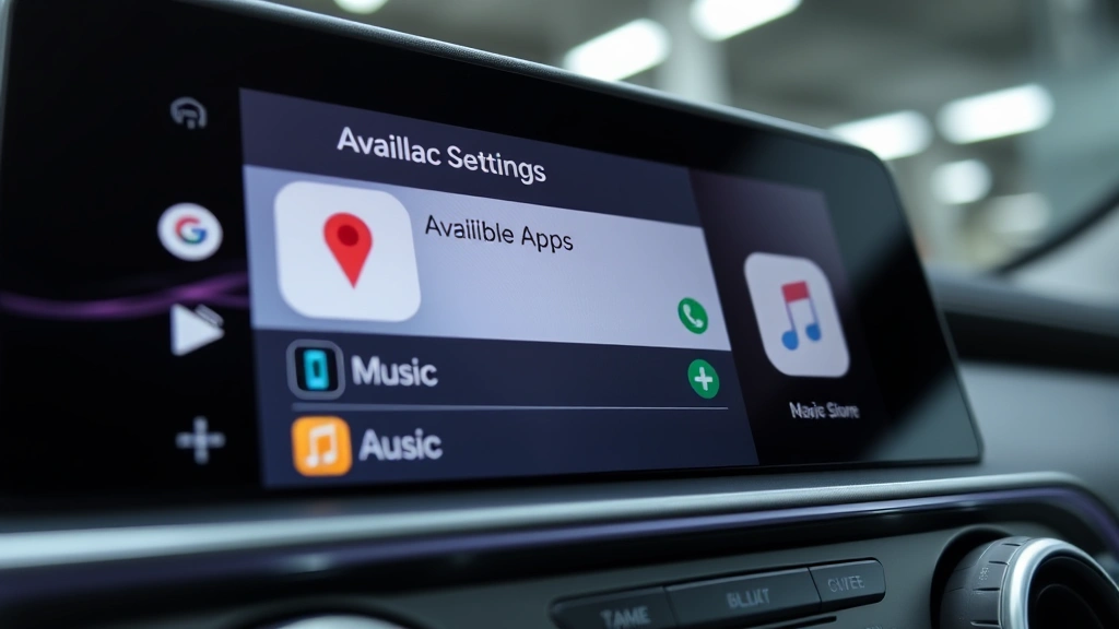 Close-up of iPhone CarPlay settings screen showing available apps list with green plus buttons next to navigation and music apps, modern interface design, well-lit indoor setting