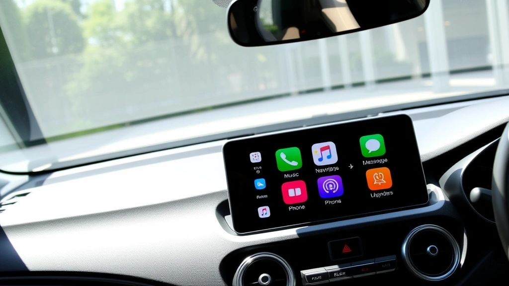Dashboard view of vehicle with CarPlay display showing home screen with navigation, music, messaging, and phone app icons clearly visible, modern car interior, daylight visible through windshield