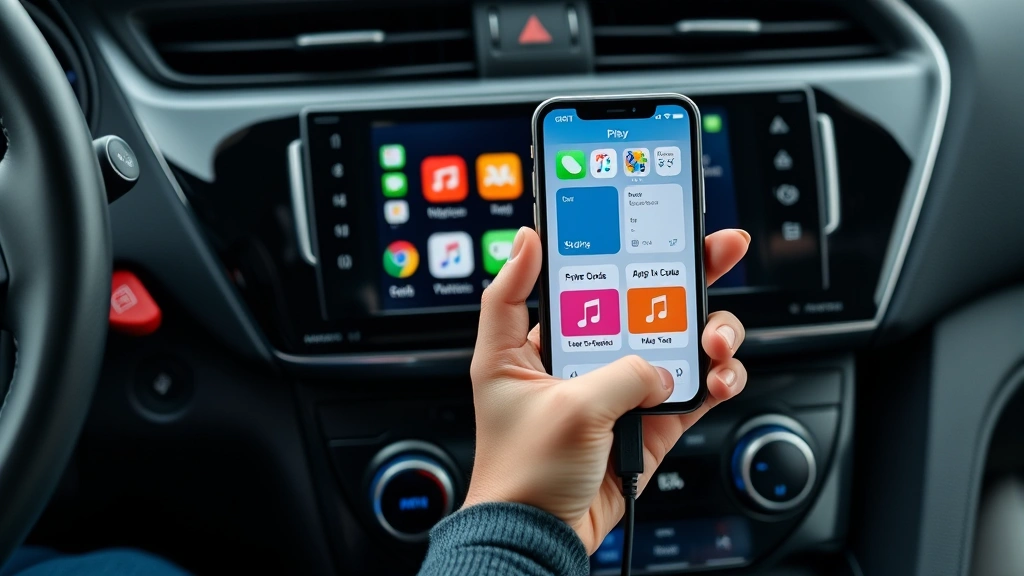 Hand holding iPhone connected via USB cable to car's infotainment system, showing CarPlay successfully synced with customized app layout on vehicle display screen, professional automotive setting