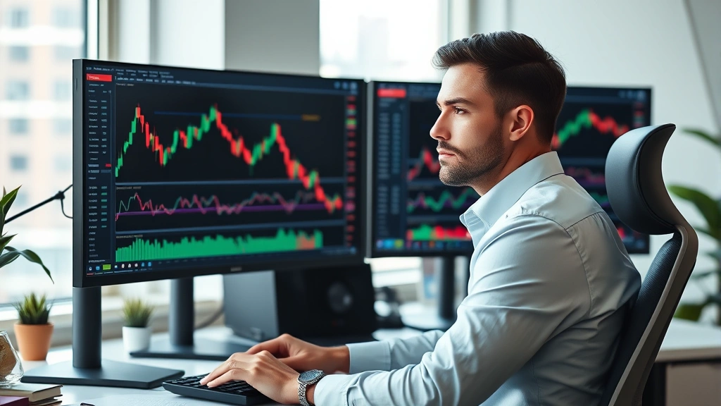 Professional trader sitting at desk with dual monitors displaying multiple candlestick charts with moving average lines and volume indicators, natural office lighting, focused expression