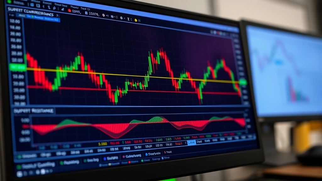 Close-up of computer screen showing NinjaTrader platform with overlaid trend lines, support resistance levels marked in different colors, multiple timeframe windows arranged in grid layout