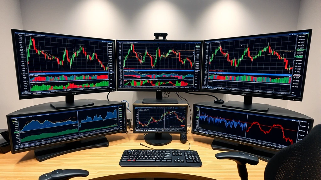 Wide-angle view of trading workstation with three monitors showing different chart timeframes side-by-side, RSI and MACD indicators below price charts, organized professional setup with charts in full screen