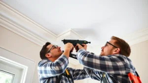Professional carpenter installing white crown molding at ceiling junction, using pneumatic nail gun, wearing safety glasses, ladder visible, natural lighting from window