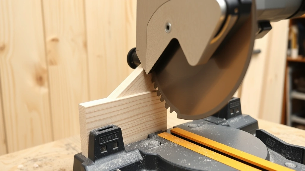Close-up of miter saw cutting crown molding at 45-degree angle, wood dust visible, molding positioned against fence and table, workshop setting