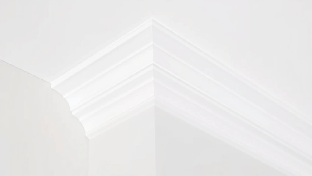 Inside corner of crown molding showing coped joint detail, two pieces fitted together seamlessly, white painted finish, ceiling and wall junction visible
