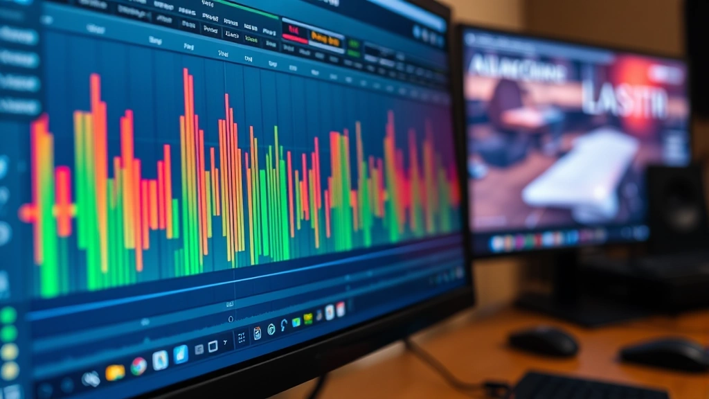 Close-up of computer monitor displaying audio waveform editing software with colorful frequency visualization and sound levels, professional studio setting with keyboard and mouse visible