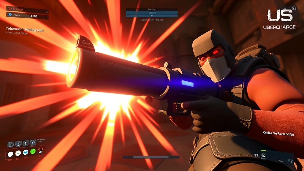 Team Fortress 2 Heavy character in-game holding minigun with bright Ubercharge visual effects activated, intense gaming session screenshot with HUD visible