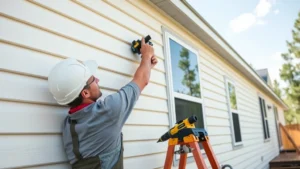 Professional construction worker installing quality vinyl siding on manufactured home exterior, showing proper installation technique with house wrap visible underneath, modern tools in use