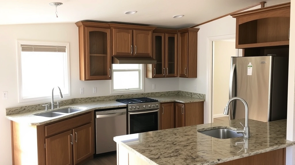Interior kitchen renovation in progress showing new cabinetry installation, granite countertop, and modern fixtures being integrated into manufactured home layout