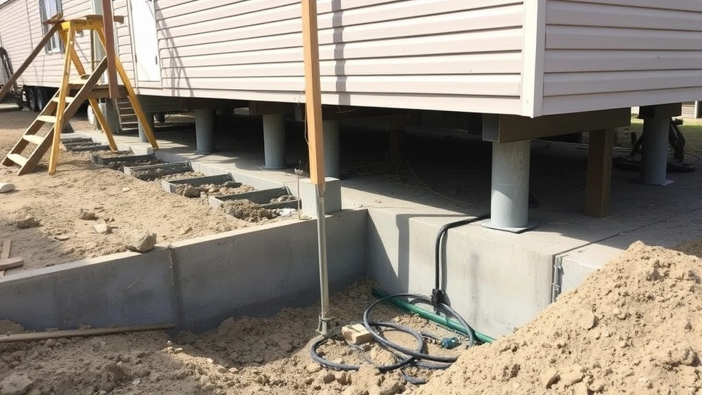 Concrete foundation work being performed on manufactured home, showing proper support posts, leveling equipment, and drainage systems during permanent foundation upgrade project