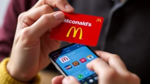 Close-up of hands holding a red McDonald's branded gift card over a smartphone displaying the McDonald's app interface on screen