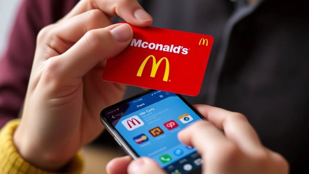 Close-up of hands holding a red McDonald's branded gift card over a smartphone displaying the McDonald's app interface on screen