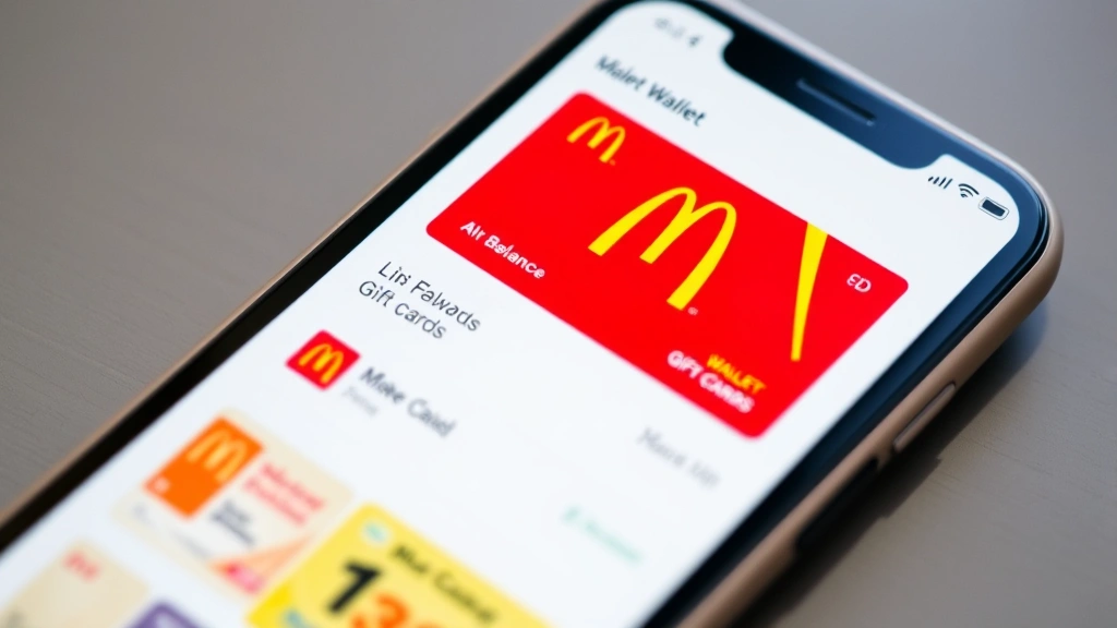Smartphone screen showing the McDonald's app wallet section with multiple gift cards displayed, clear balance numbers visible, modern clean interface