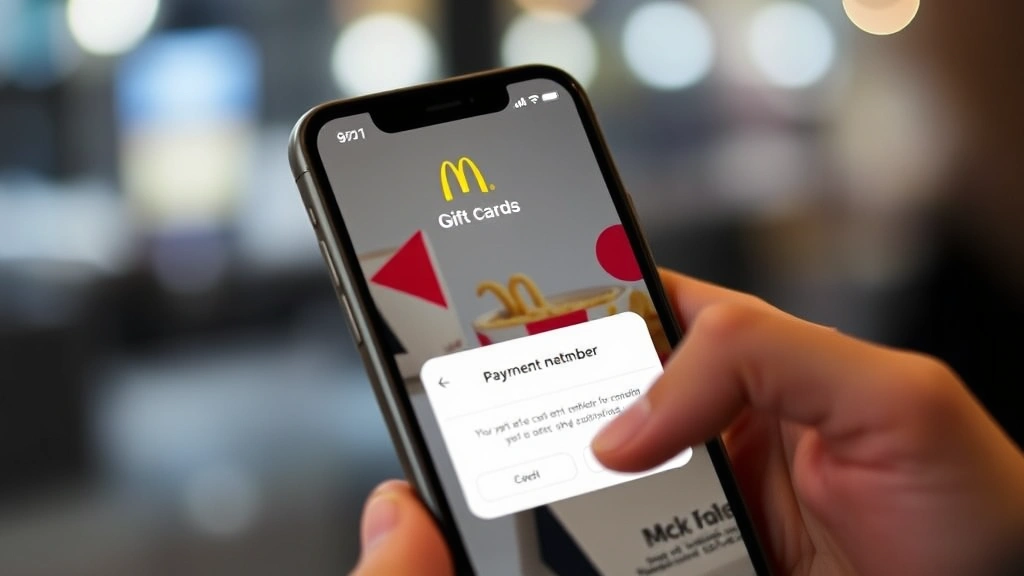 Person entering gift card number into McDonald's app on smartphone screen, focused on payment methods section with confirmation dialog box visible