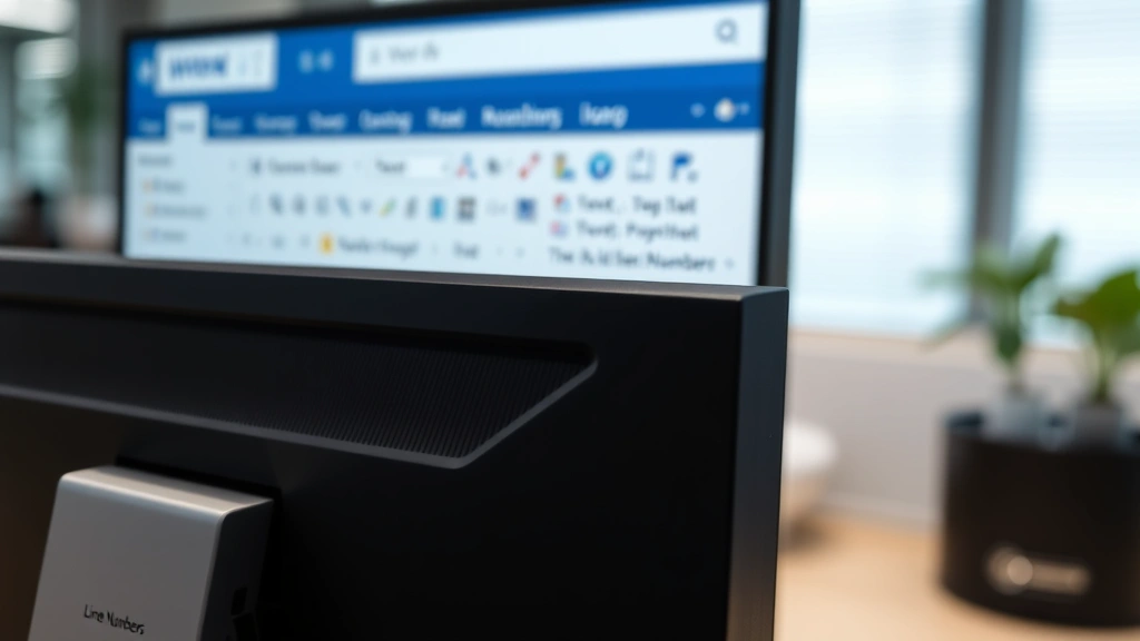 Close-up of Microsoft Word ribbon menu showing Layout tab with Line Numbers button highlighted, professional office setting with computer monitor displaying document