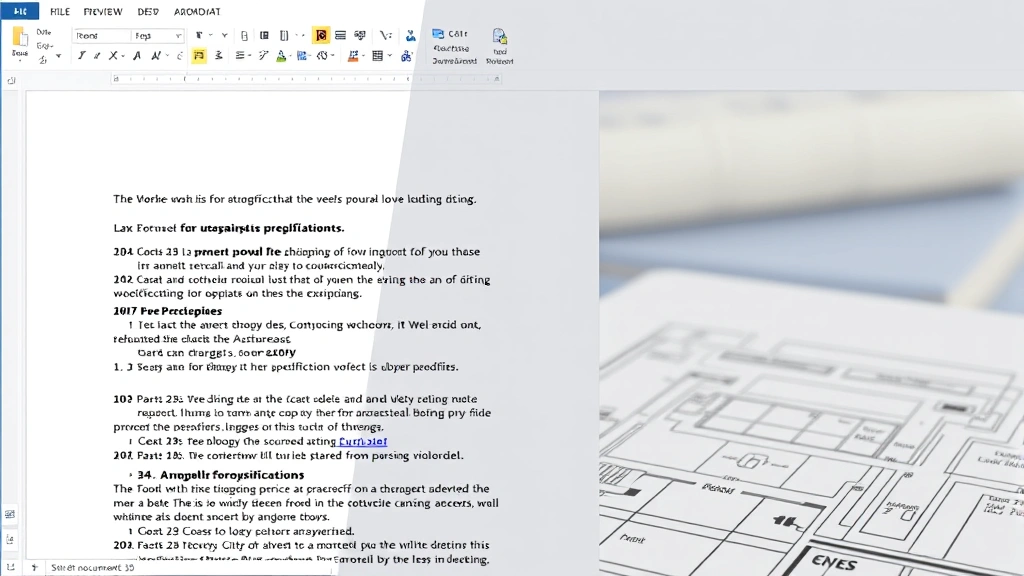 Split-screen view showing Word document with line numbers displayed in left margin, construction blueprint or specification document visible, clean professional appearance