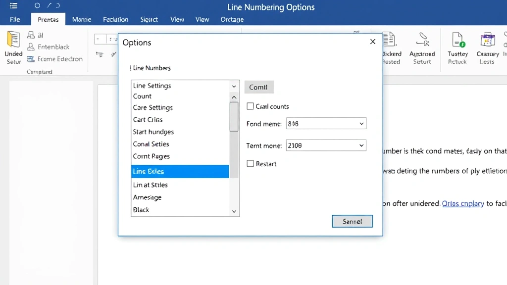 Detailed view of Line Numbering Options dialog box in Microsoft Word, showing dropdown menus for count settings and restart options, professional software interface