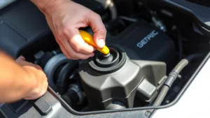 Close-up of hands removing oil fill cap from engine valve cover with yellow handle visible, clean engine bay background, bright daylight lighting