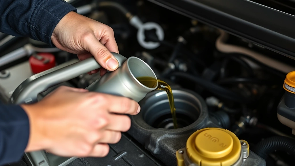 Mechanic pouring motor oil through funnel into engine opening, showing proper technique with steady hand positioning and clear oil stream