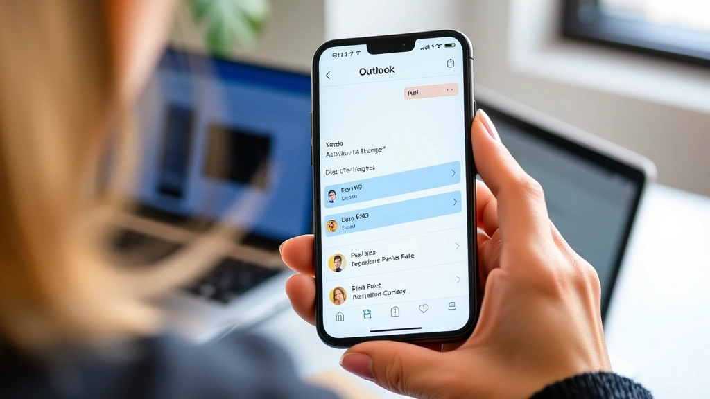 Professional woman holding iPhone displaying Outlook calendar with color-coded events and notifications visible on screen, sitting at modern desk with laptop